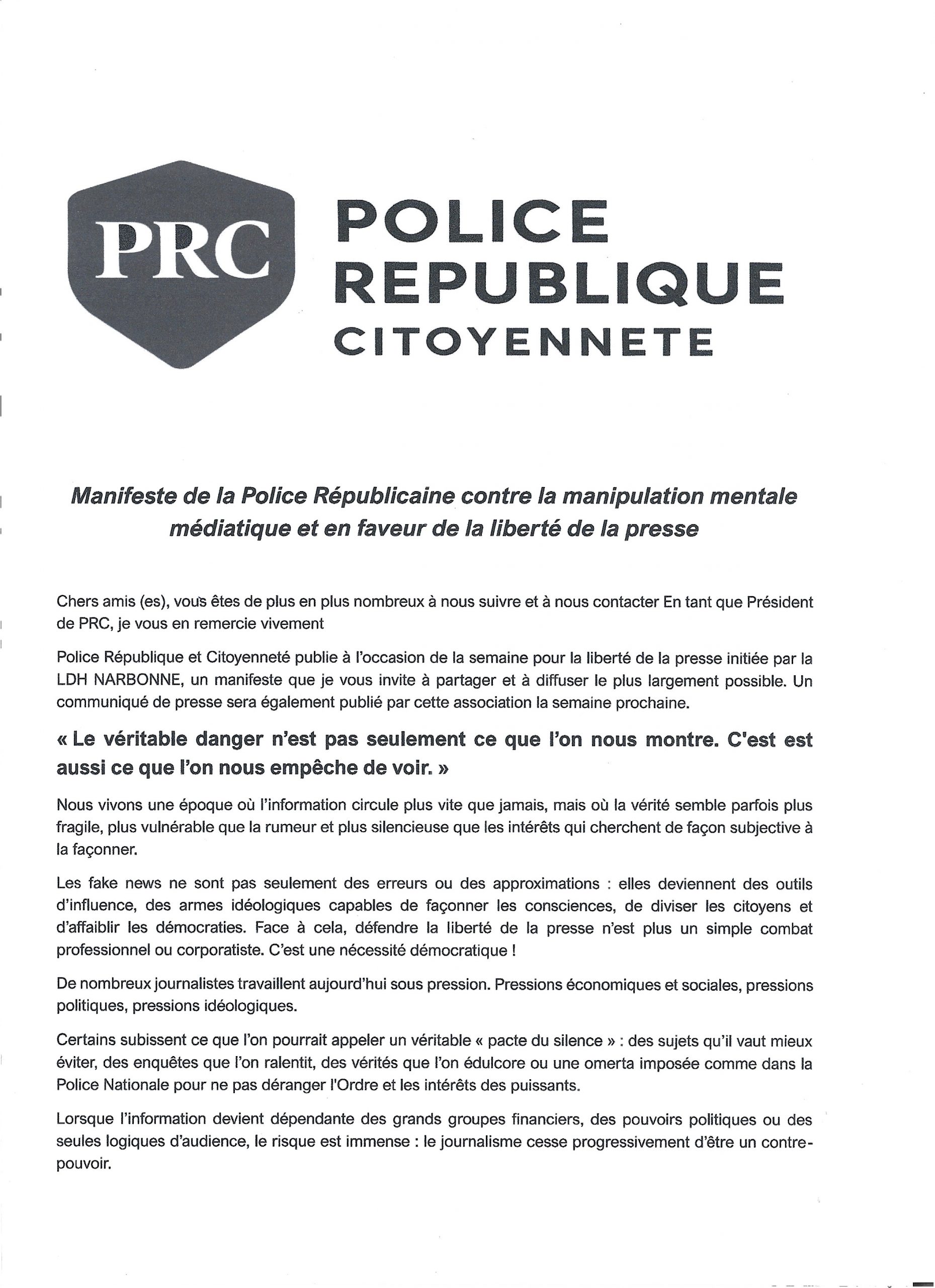 « Manifeste de la Police Républicaine contre la manipulation mentale médiatique et en faveur de la liberté de la presse ».