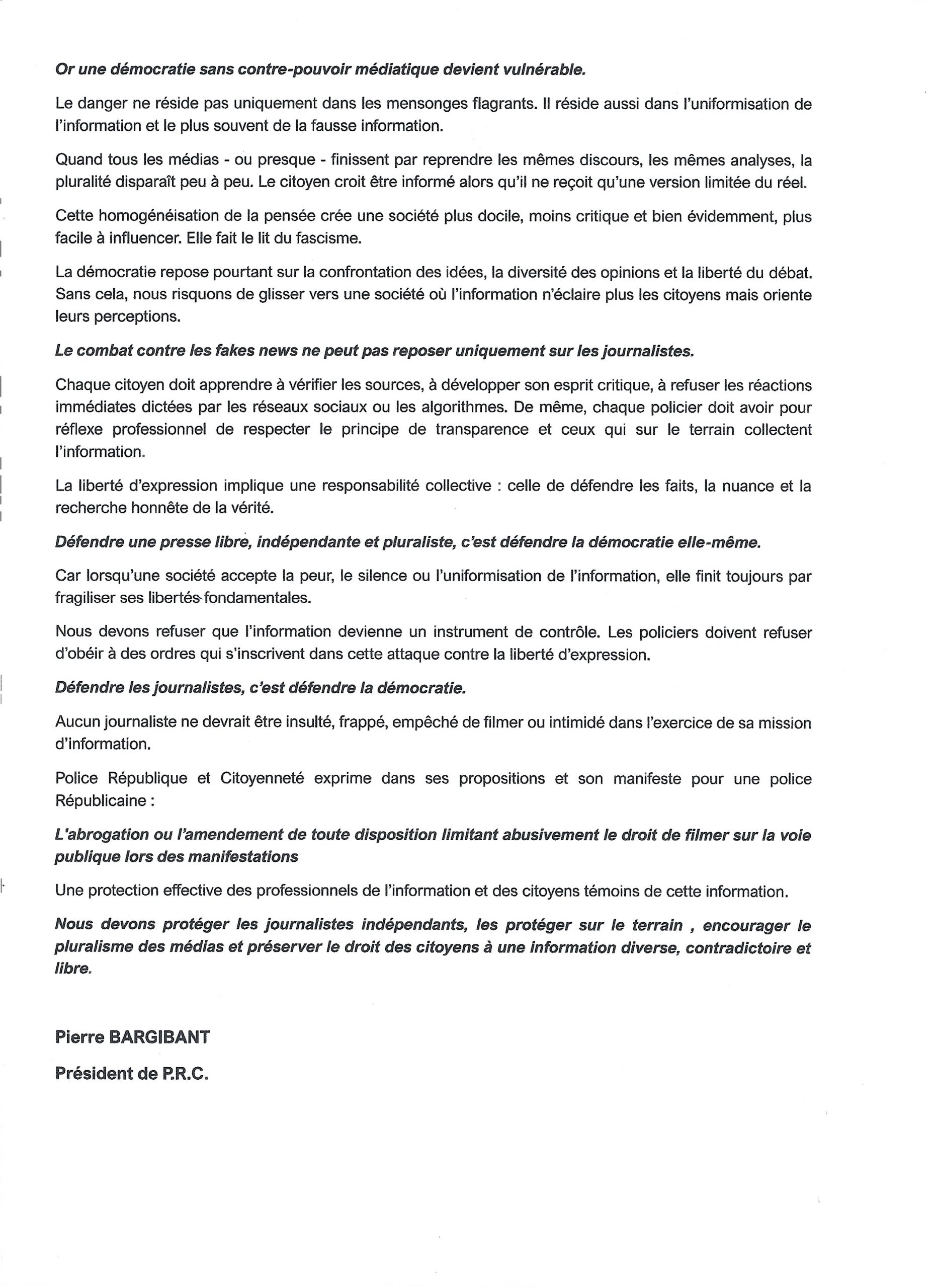 « Manifeste de la Police Républicaine contre la manipulation mentale médiatique et en faveur de la liberté de la presse ».
